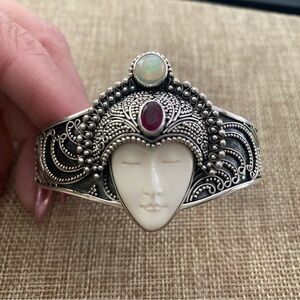 Bali Carved Goddess Opal & Ruby 925 Sterling Silver Bracelet Cuff Bracelet 6.5"